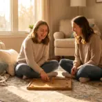 Two women playing board game on living room floor with cozy cushions and warm sunlight