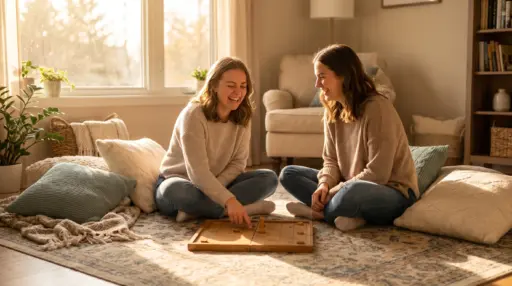 Two women playing board game on living room floor with cozy cushions and warm sunlight