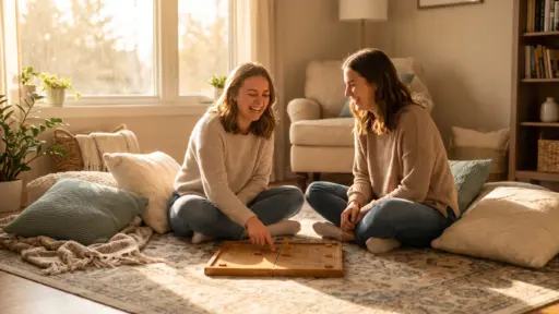 Two women playing board game on living room floor with cozy cushions and warm sunlight
