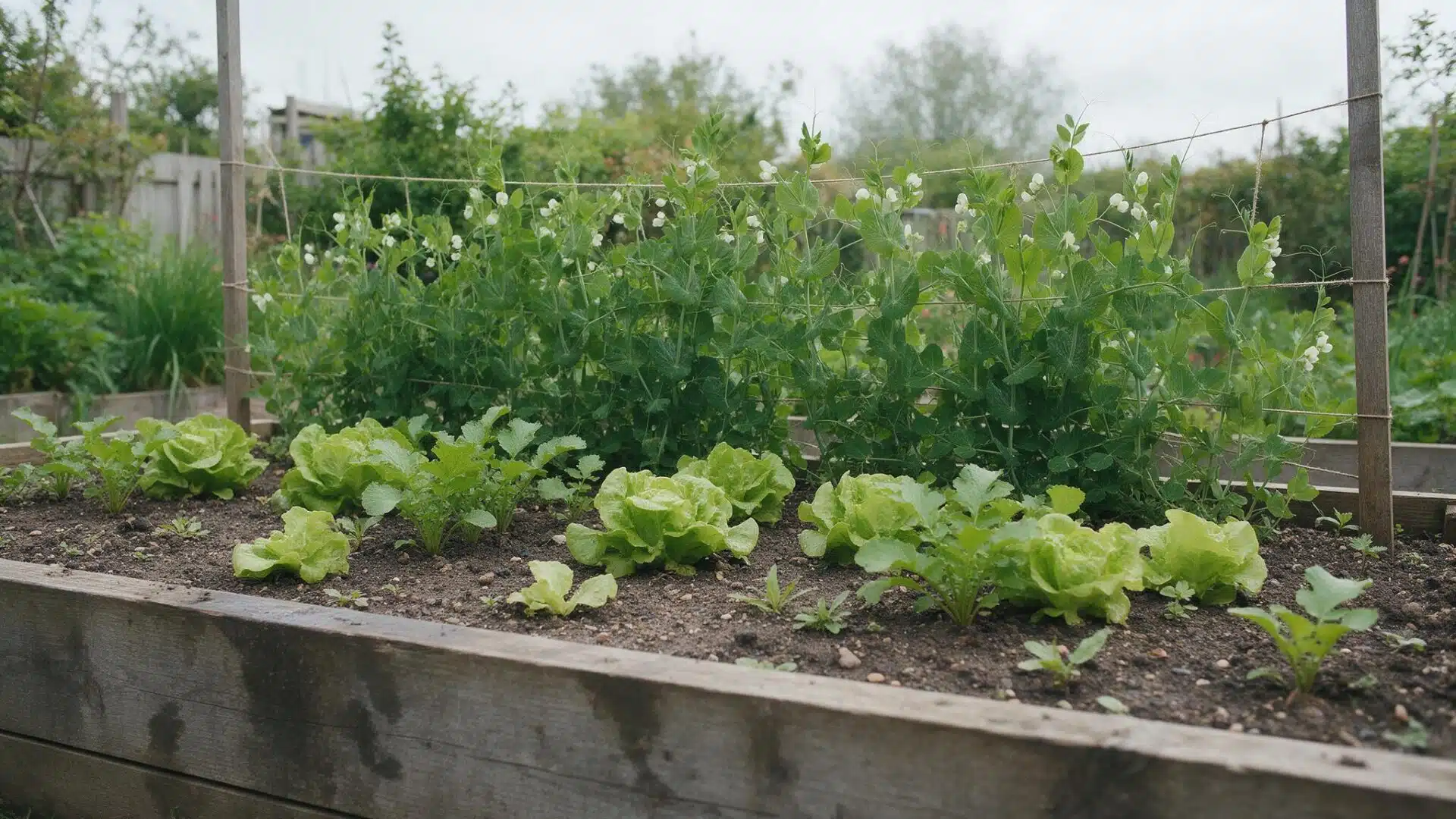 a raised vegetable bed with peas climbing a trellis at the back and companion plants growing in front