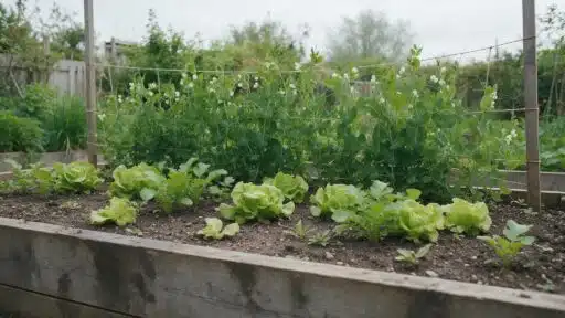 a raised vegetable bed with peas climbing a trellis at the back and companion plants growing in front