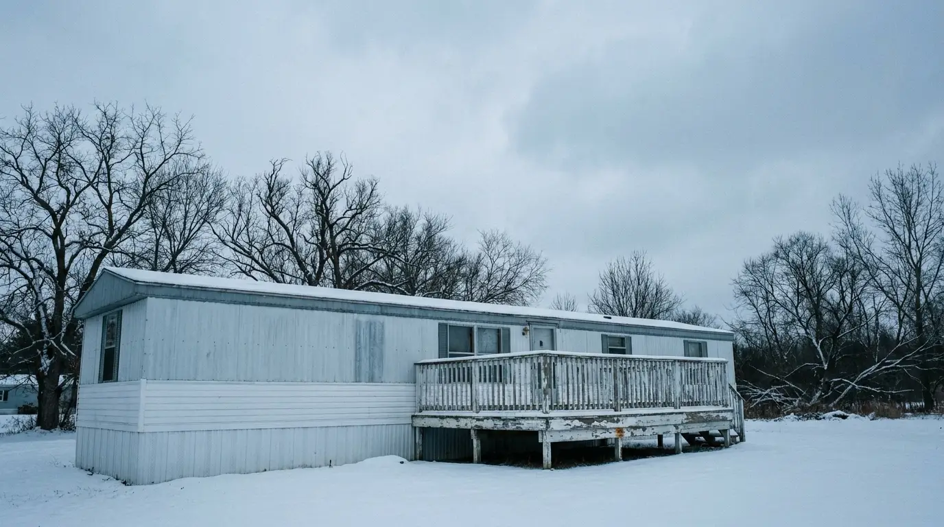 Mobile home in snowy landscape with leafless trees and overcast sky