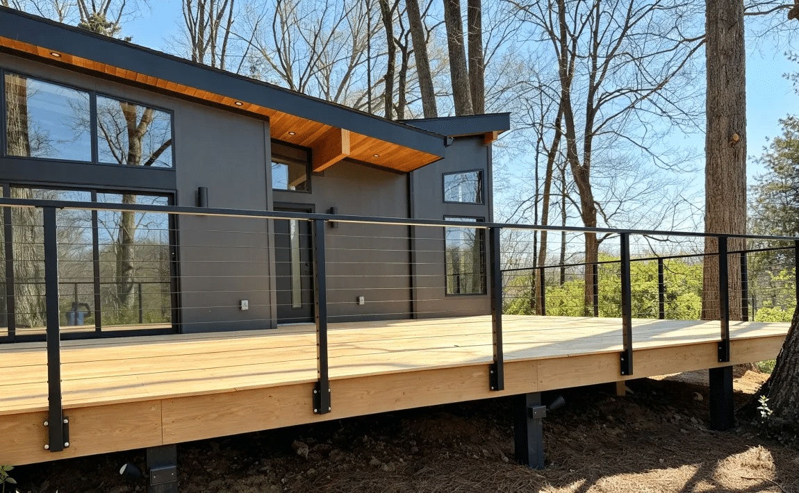Modern cabin with large wooden deck surrounded by trees and natural light