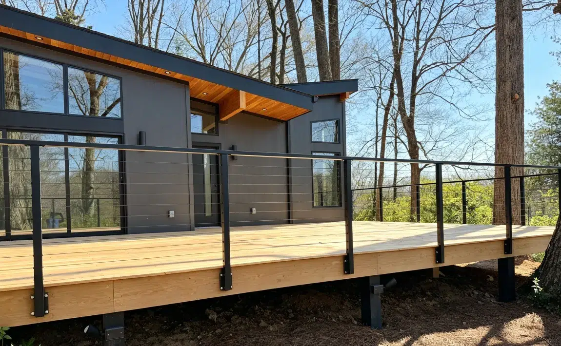 Modern cabin with large wooden deck surrounded by trees and natural light