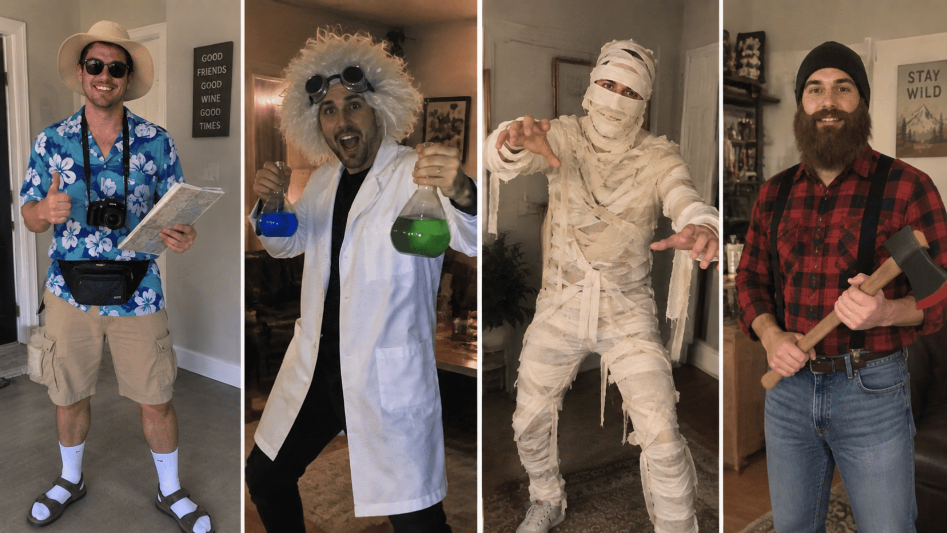 men wearing homemade Halloween costumes including tourist, mad scientist, mummy, and lumberjack looks