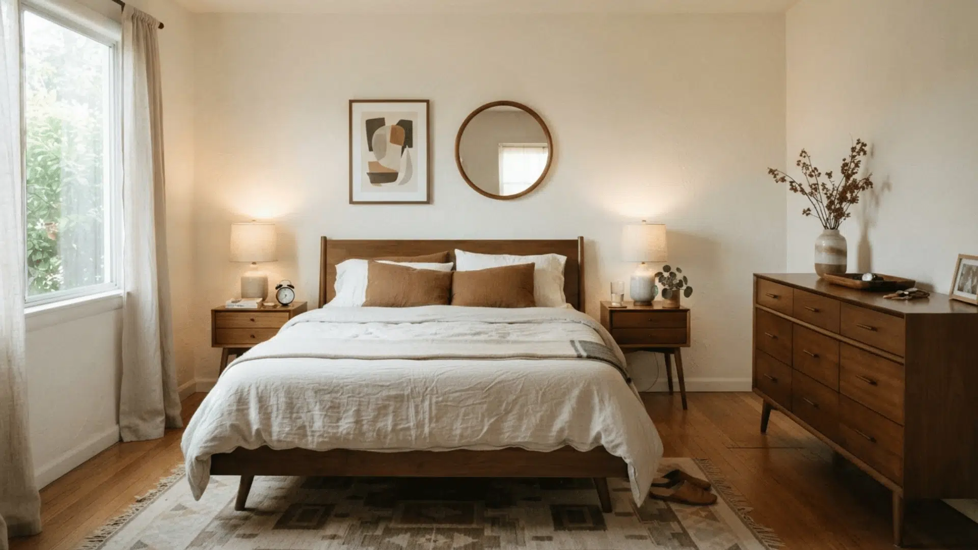 mid century modern bedroom with wooden bed matching nightstands dresser and neutral decor