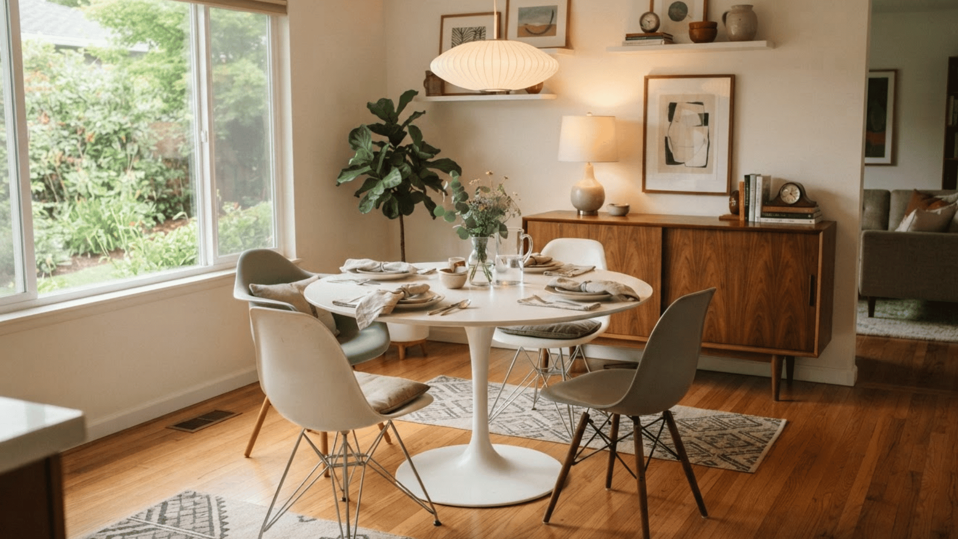mid century modern dining room with round table molded chairs wood cabinet and large window