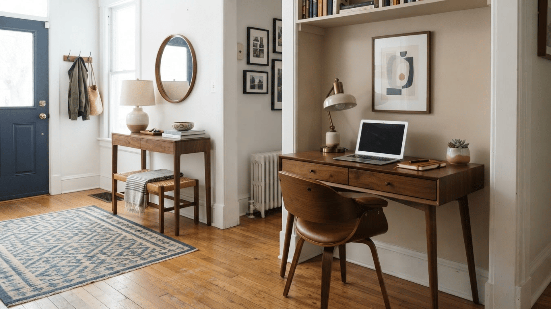 mid century modern home office with wooden desk chair laptop console table and wall art