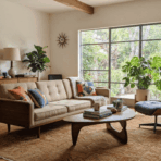 mid century modern living room with wooden furniture plants large windows and lounge chair