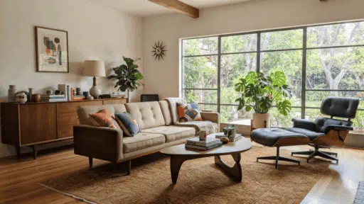mid century modern living room with wooden furniture plants large windows and lounge chair