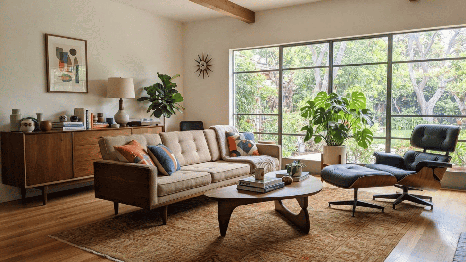 mid century modern living room with wooden furniture plants large windows and lounge chair