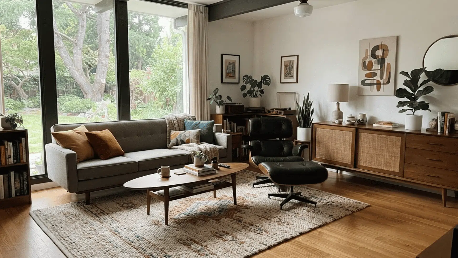 mid century modern living room with gray sofa lounge chair wooden cabinet and indoor plant