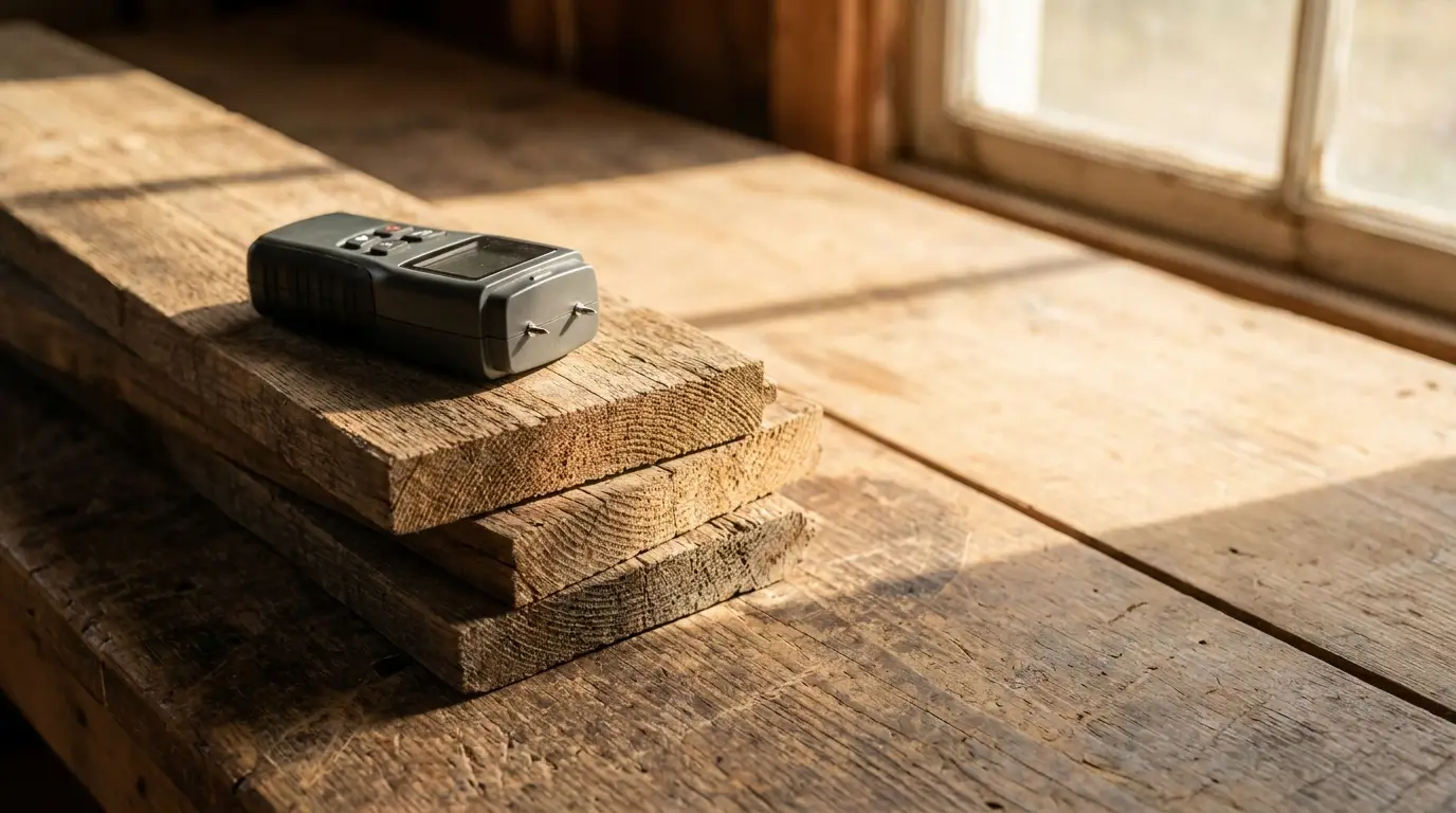 Moisture meter on stacked wooden planks by sunlit window in rustic room