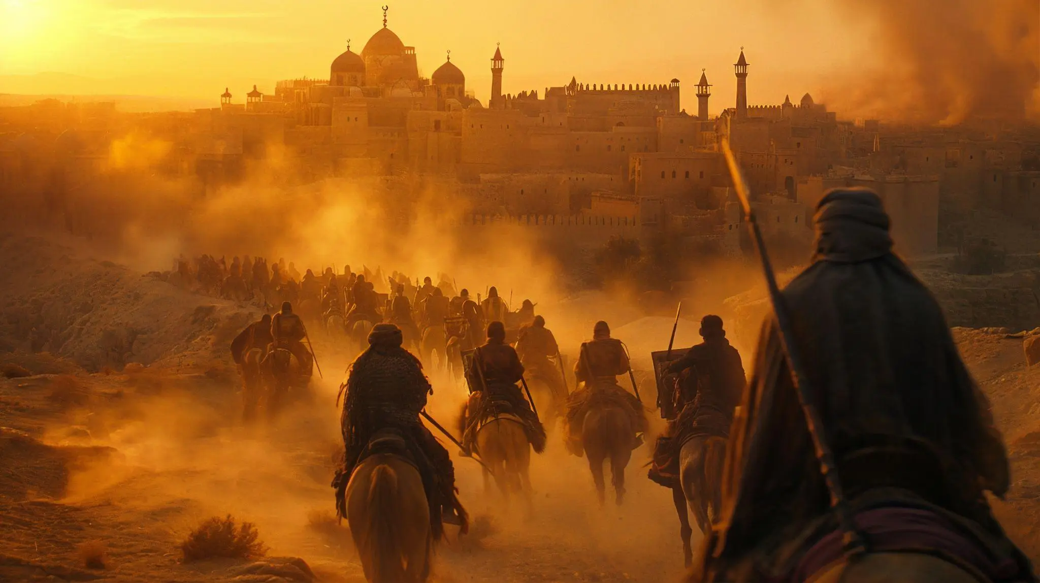 Riders on horseback approaching an ancient city at sunset, creating a dusty landscape