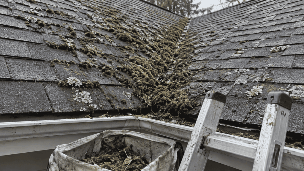 moss and lichen covering a damp asphalt roof valley beside a ladder and debris bag