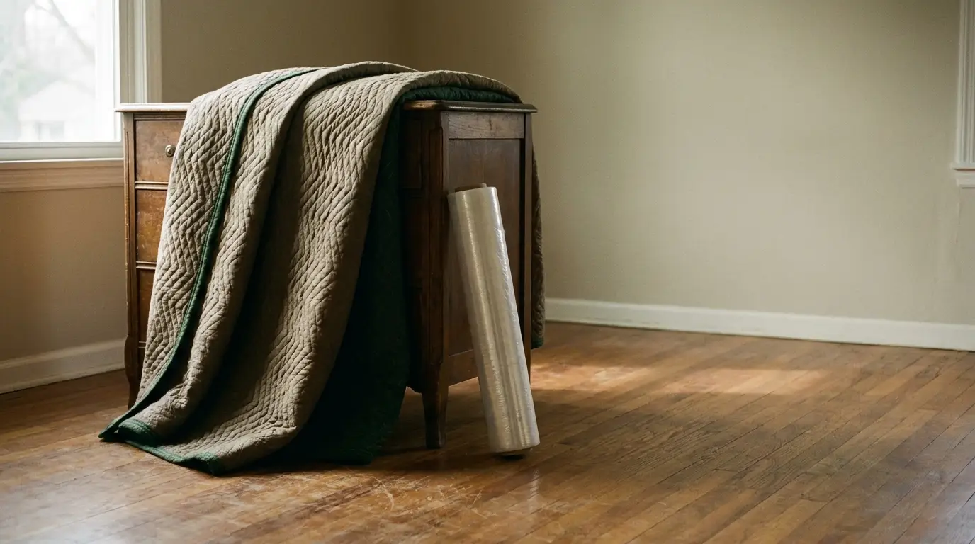 Quilted blanket draped over wooden dresser in empty room with hardwood floor