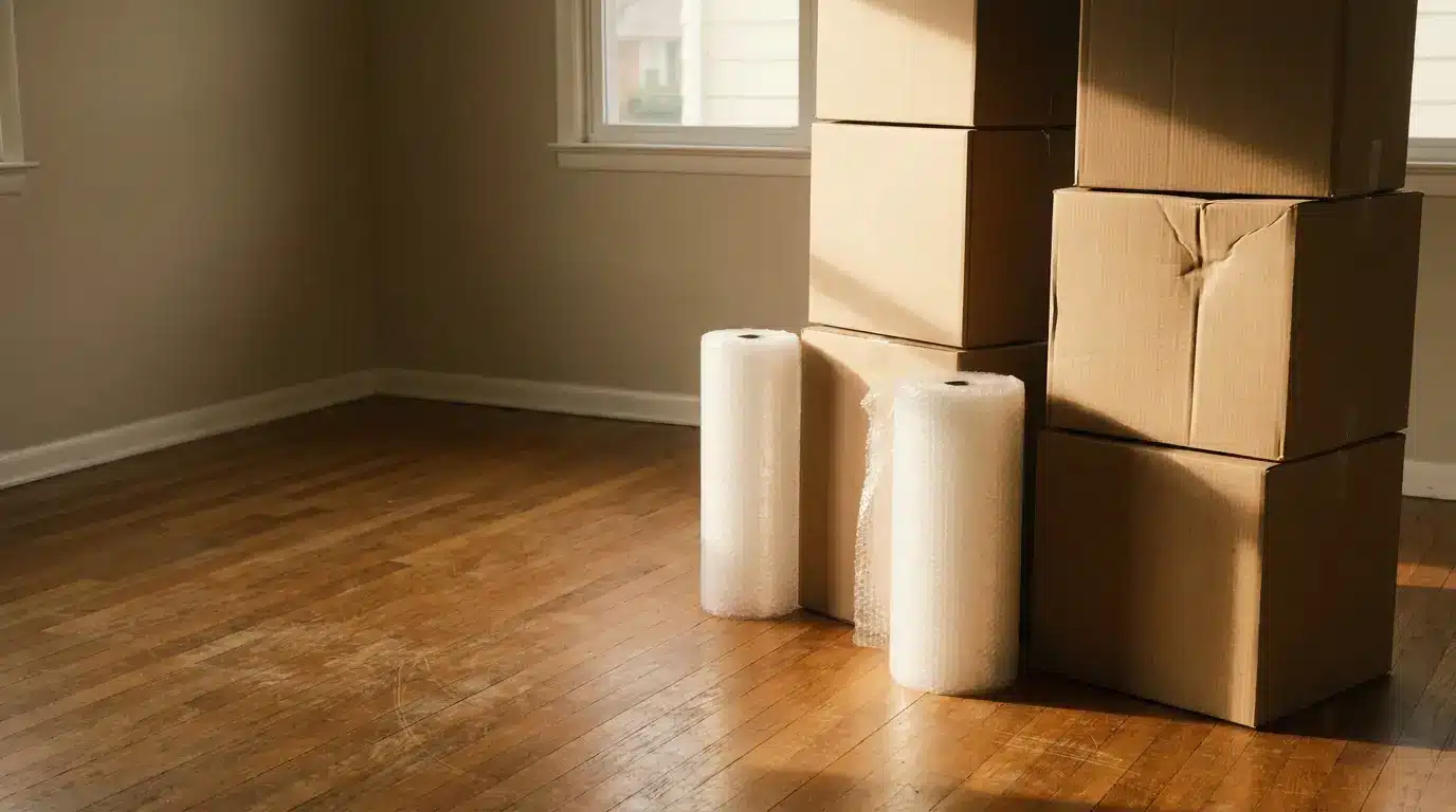 Cardboard boxes and bubble wrap rolls in sunlit empty room with wooden floor