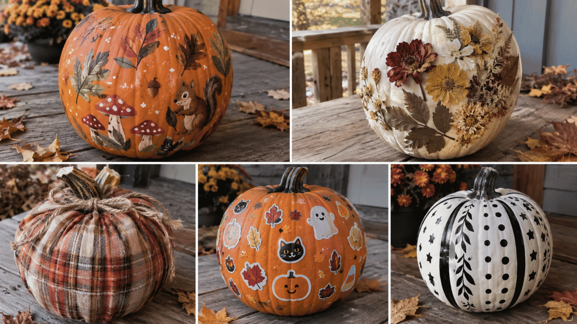 five no-carve pumpkins decorated with woodland art, pressed flowers, plaid fabric, stickers, and patterns