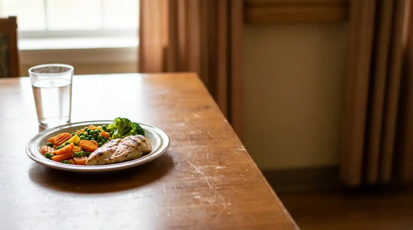 Grilled chicken with mixed vegetables on plate beside glass of water on wooden table