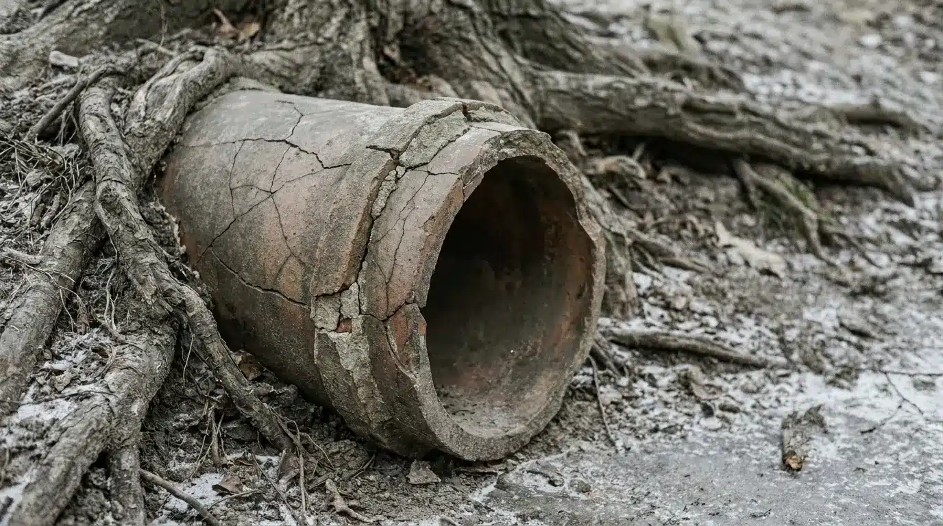Cracked clay pot surrounded by tree roots and soil in an outdoor setting