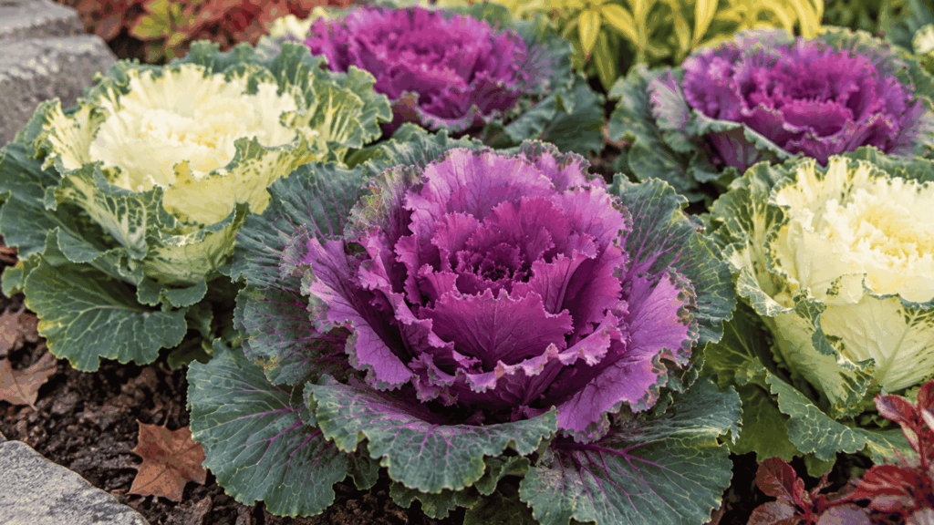 purple and cream ornamental kale growing in a fall garden bed with broad green ruffled leaves