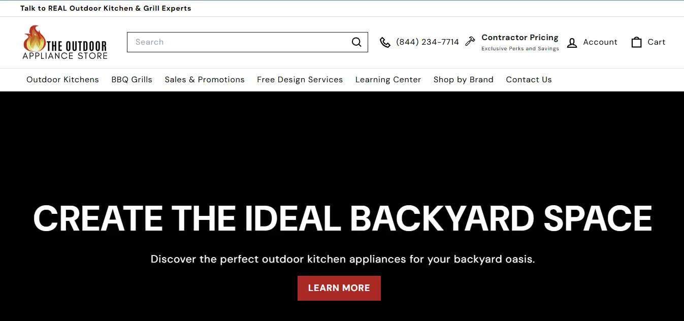 Website header with navigation bar and bold text on black background promoting outdoor kitchen appliances