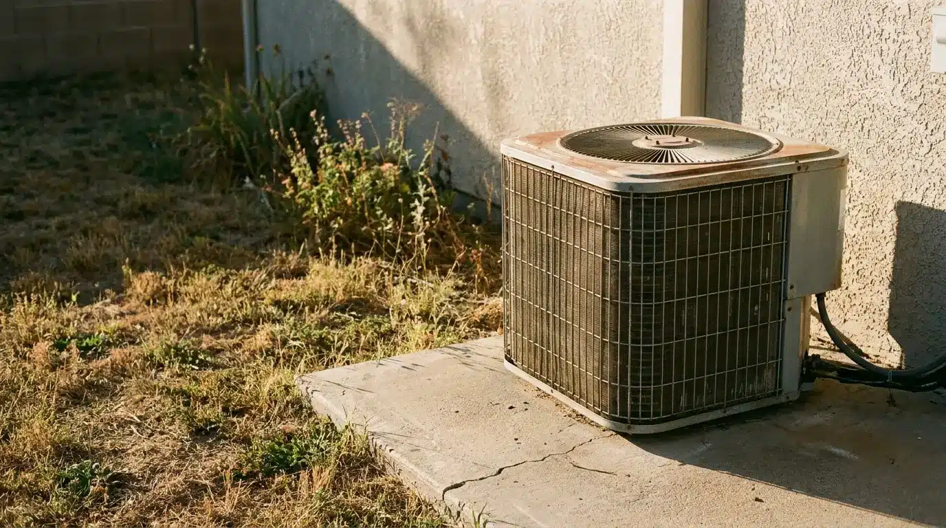 Outdoor air conditioning unit on concrete slab beside stucco wall in dry grassy area