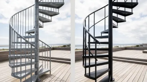 Two spiral staircases, one steel and one black, on a wooden deck overlooking the sea