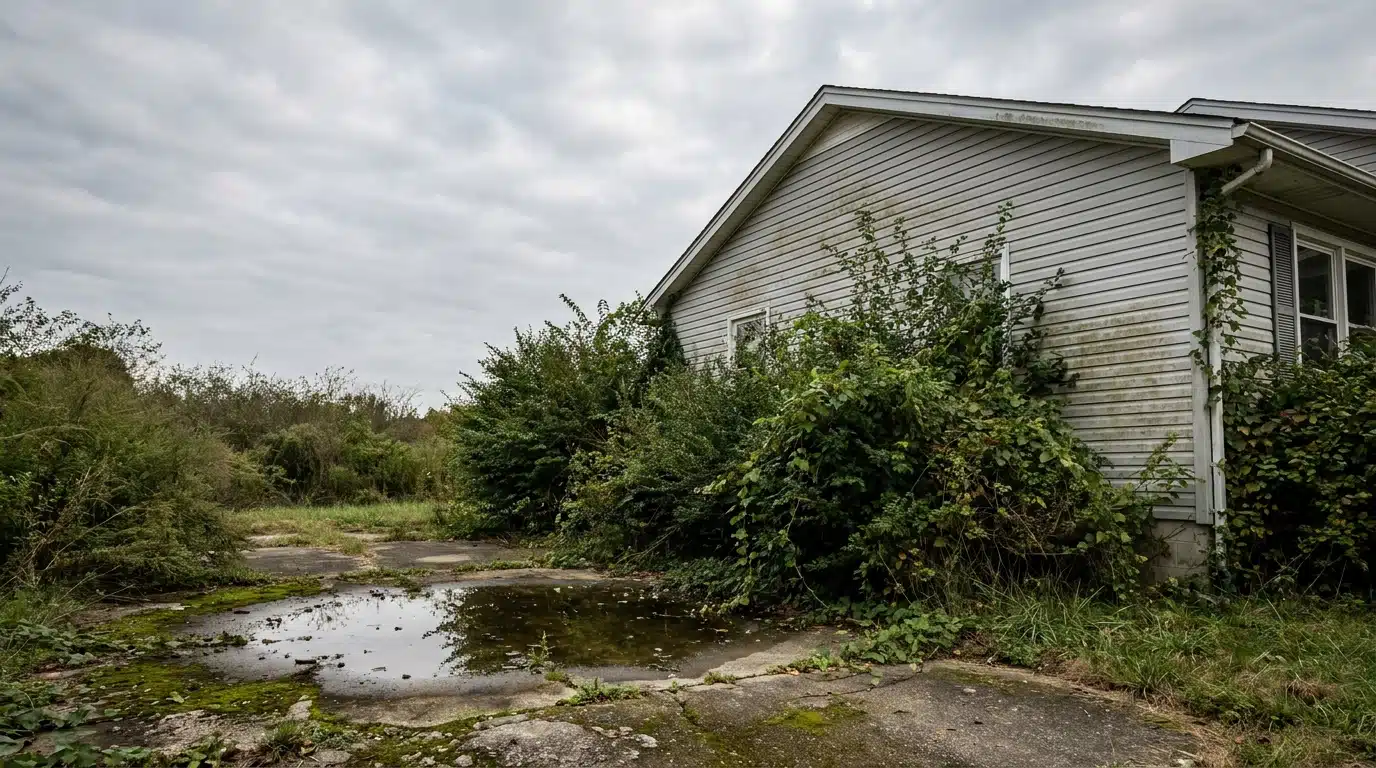 Overgrown plants surrounding abandoned house with cloudy sky and cracked pavement in rural area