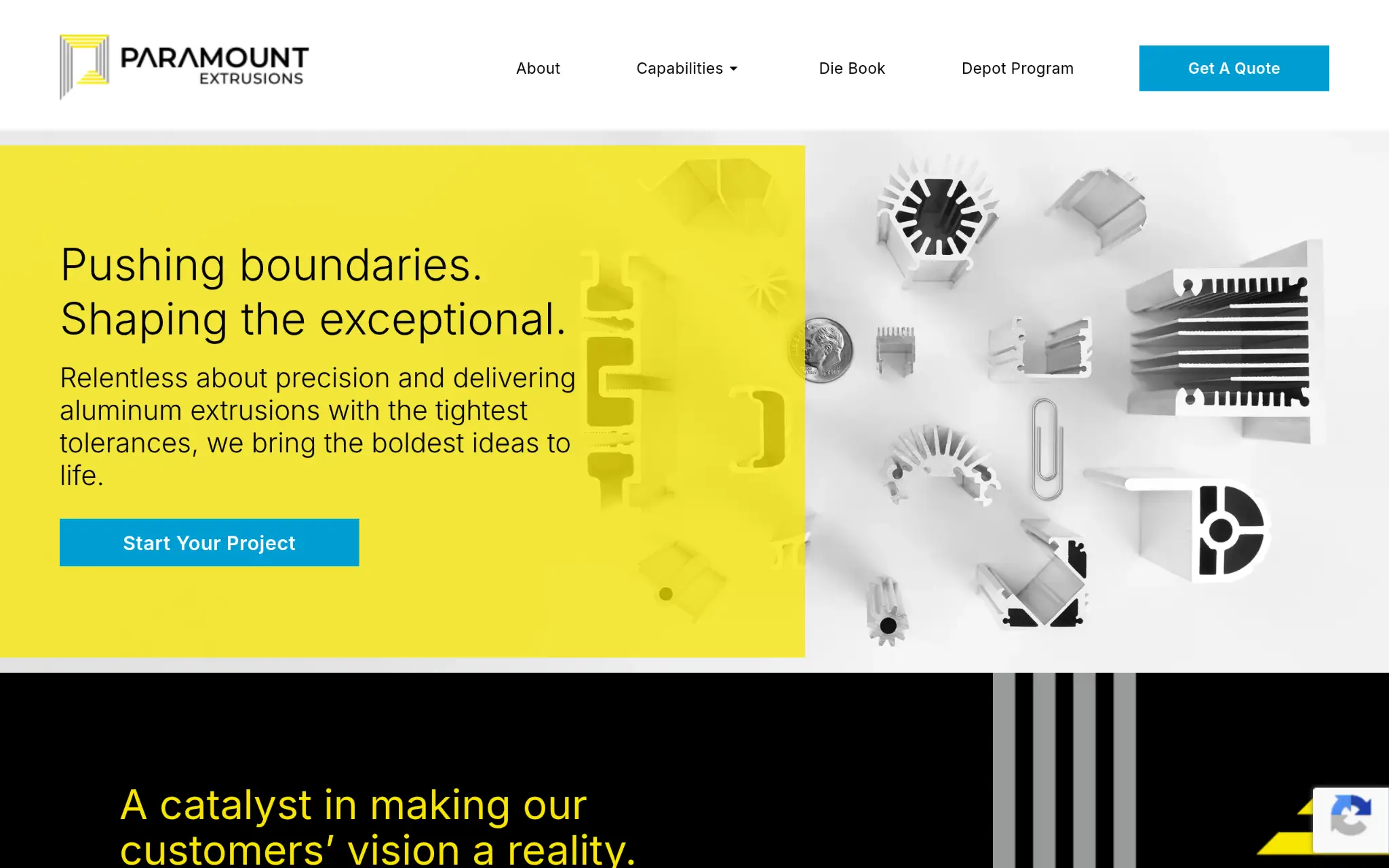 Various aluminum extrusion profiles and a coin on a white background with yellow overlay