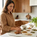 Woman arranging spices on marble countertop in a bright, modern kitchen with wooden cabinets