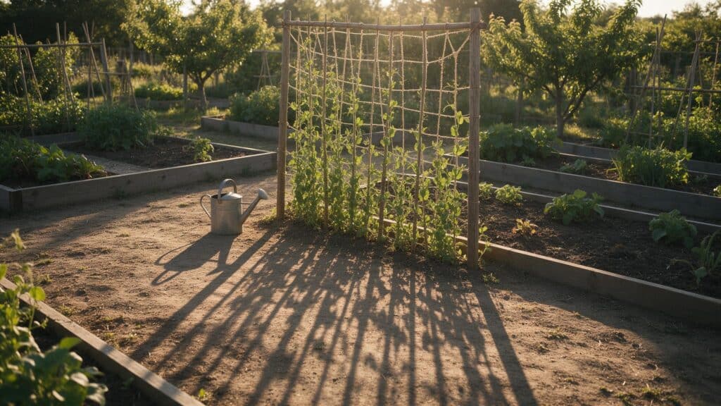 late afternoon shadow cast by a tall pea trellis stretching across the bare soil of a vegetable garden