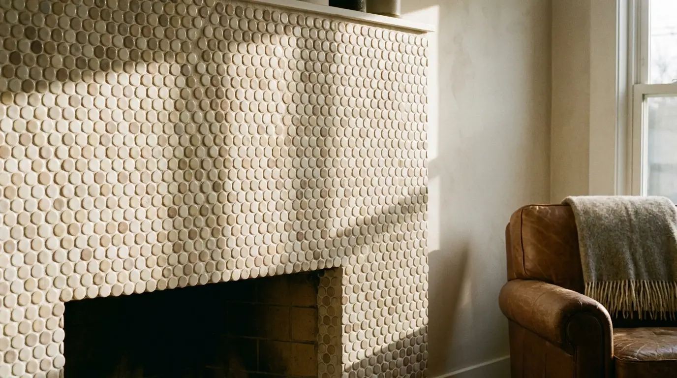 Textured tile fireplace and brown leather armchair in sunlit living room