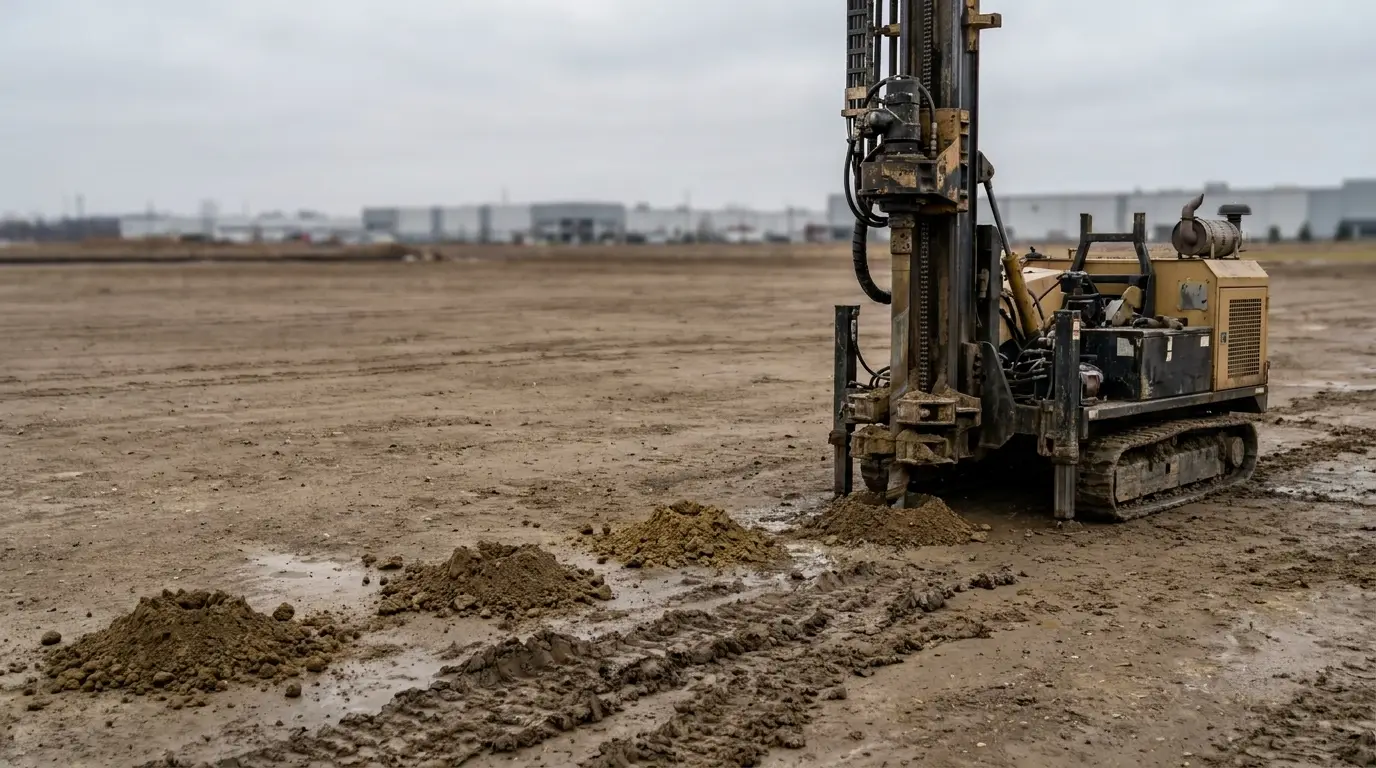 Drilling machine on muddy construction site with industrial buildings in the background