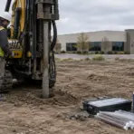 Construction worker operating drilling machine on muddy site with soil samples and cooler nearby