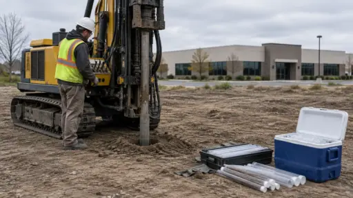 Construction worker operating drilling machine on muddy site with soil samples and cooler nearby