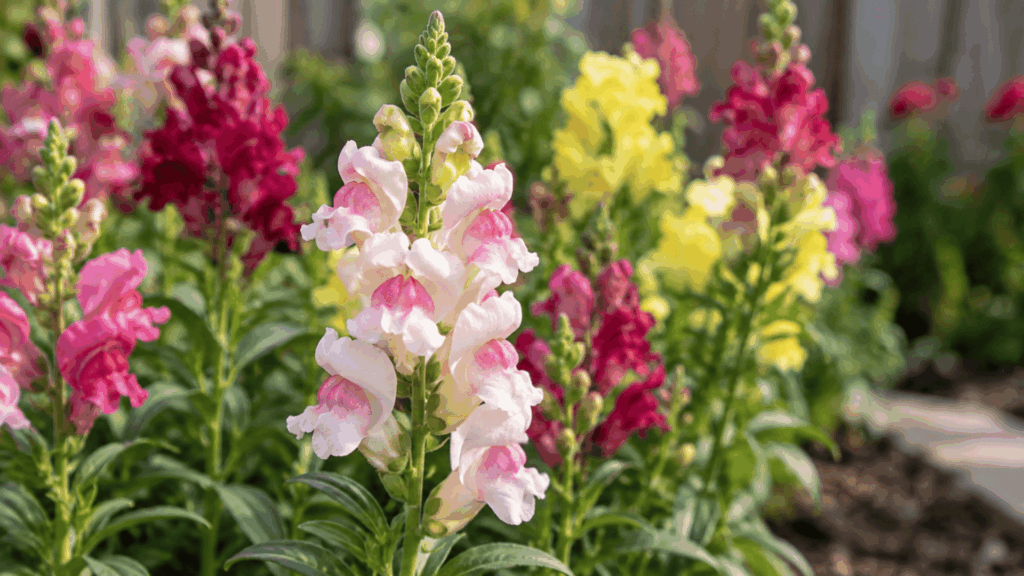 pink and white snapdragon flowers blooming among colorful flower spikes in a sunny garden bed