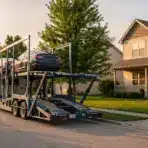 Car transport truck parked in suburban neighborhood with stacked moving boxes on sidewalk