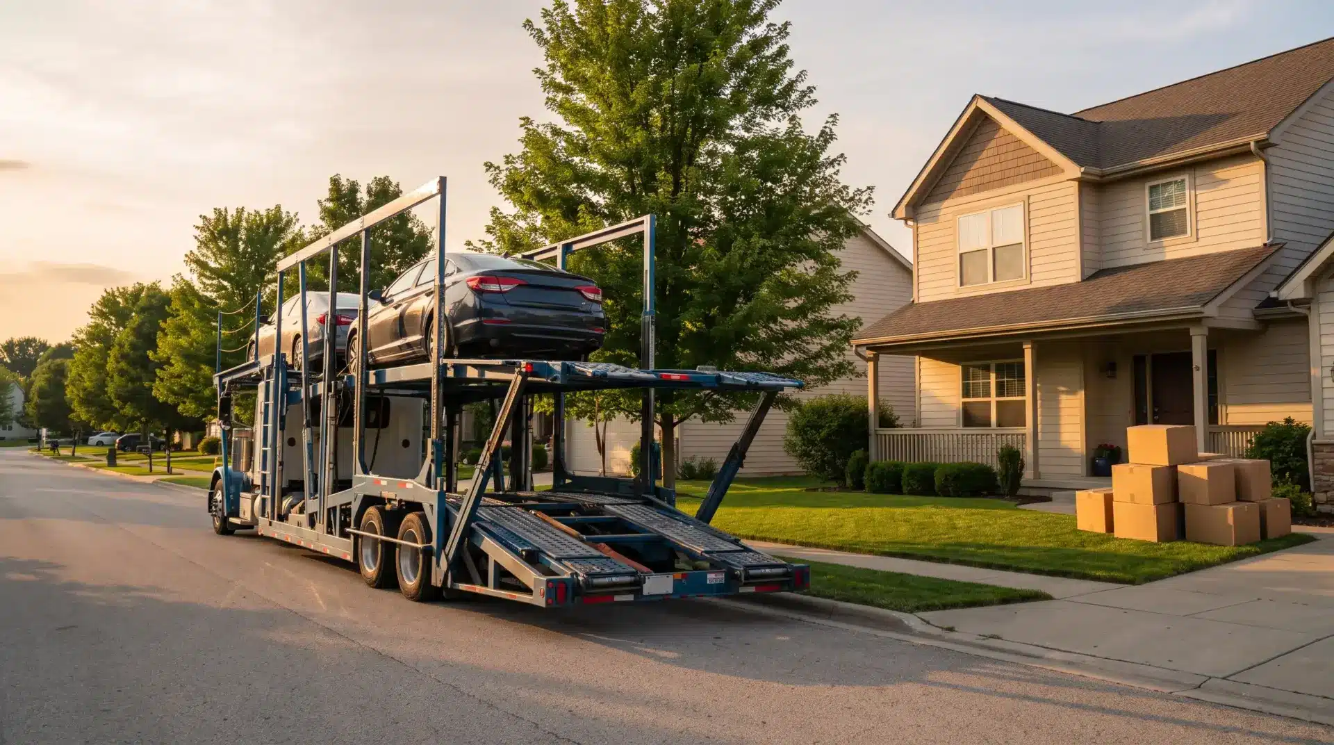 Car transport truck parked in suburban neighborhood with stacked moving boxes on sidewalk