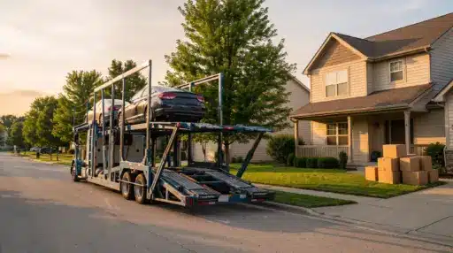 Car transport truck parked in suburban neighborhood with stacked moving boxes on sidewalk