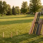 Man contemplating selection of wooden planks outdoors in a sunny suburban yard