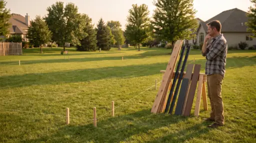 Man contemplating selection of wooden planks outdoors in a sunny suburban yard