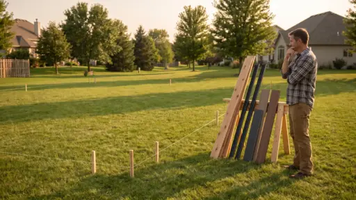 Man contemplating selection of wooden planks outdoors in a sunny suburban yard