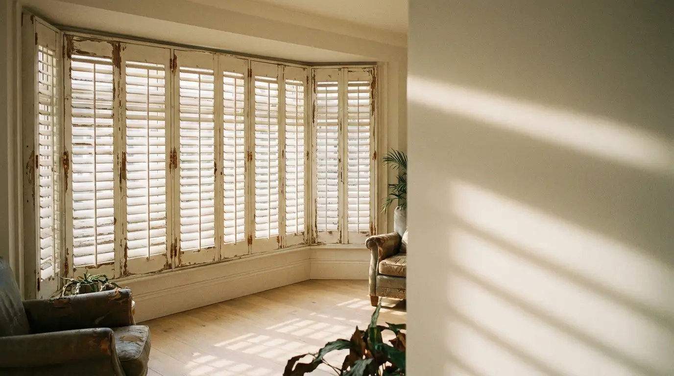 Worn leather armchairs and plants in sunlit room with vintage wooden shutters