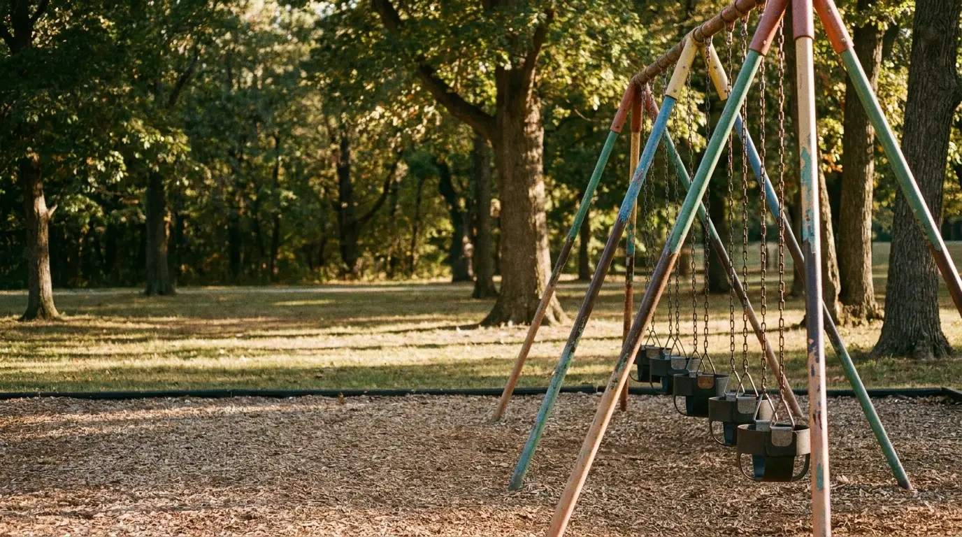 Old metal swing set in a park surrounded by trees with autumn leaves