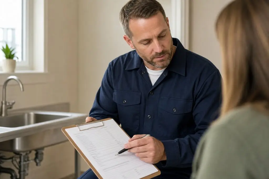 Person in blue work uniform discussing checklist with another person in bright kitchen setting