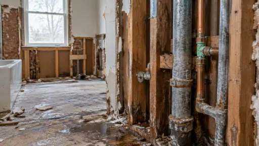 Exposed plumbing and stripped walls in a partially demolished bathroom with visible window and tub
