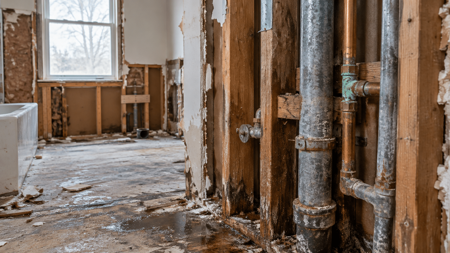 Exposed plumbing and stripped walls in a partially demolished bathroom with visible window and tub