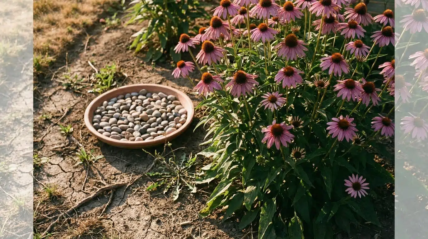 Purple coneflowers next to a ceramic bowl filled with pebbles in a dry garden setting