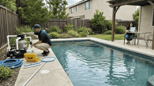pool technician checking equipment beside a residential pool while a homeowner reviews a maintenance estimate